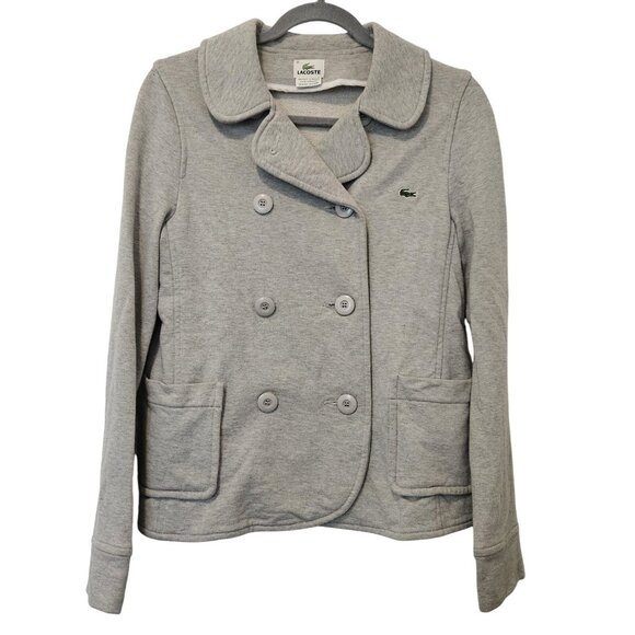 Lacoste Gray Double Breasted Cotton Peacoat Jacket Womens  Sz 36 Small 6 - Picture 1 of 3